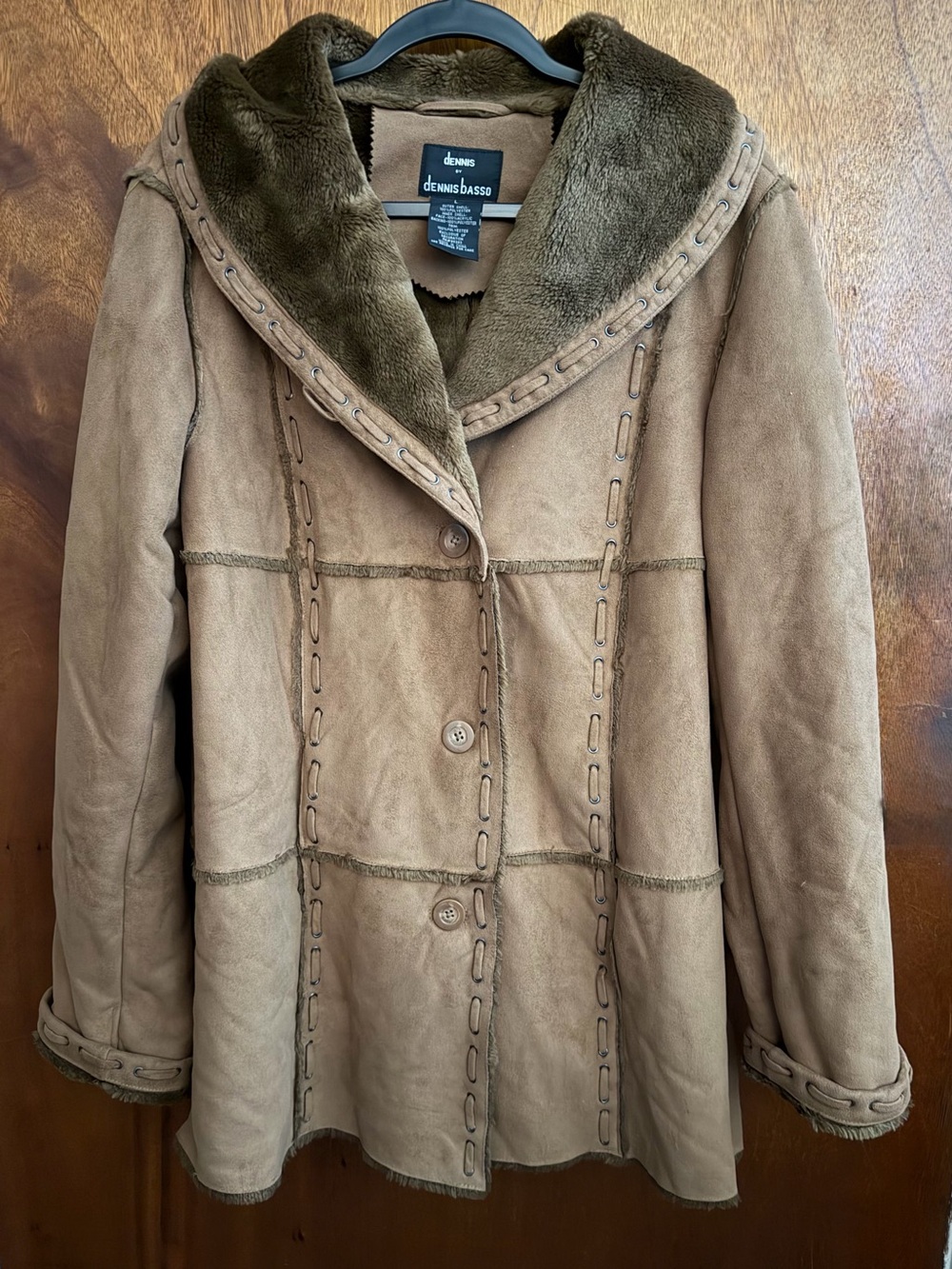 dennis basso tan faux suede shearling jacket with plush collar